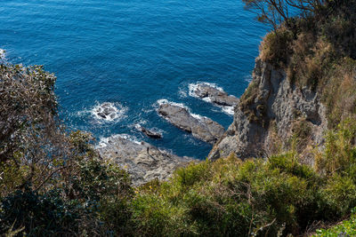 High angle view of rocks on beach