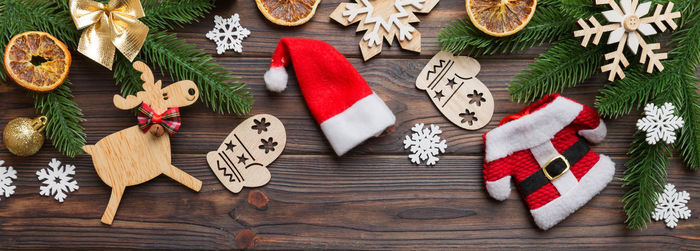 Directly above shot of christmas decorations on table