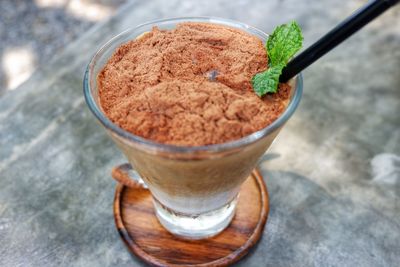 High angle view of ice coffee on table