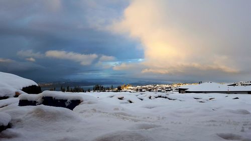 Scenic view of snow covered landscape against cloudy sky