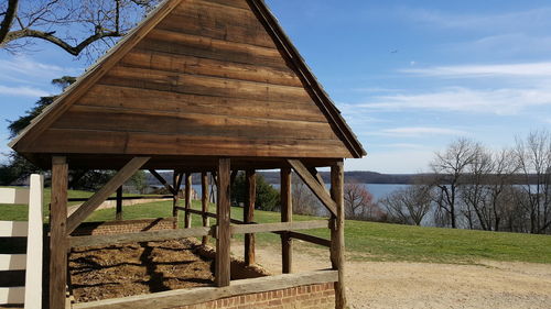 View of field against cloudy sky