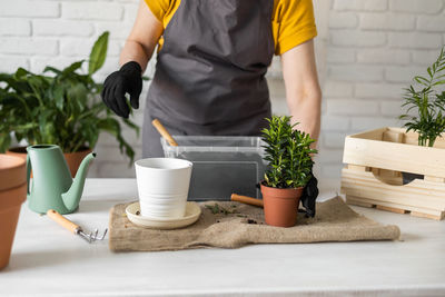 Midsection of man holding potted plant