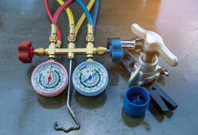 High angle view of work tools on table