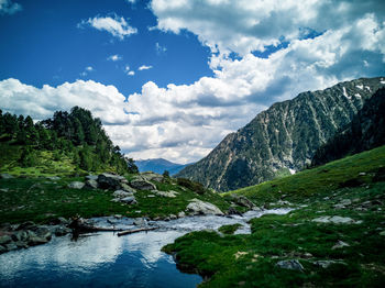 Scenic view of river by mountains against sky