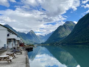 Panoramic view of lake and mountains against sky