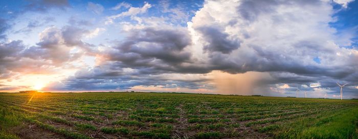 Scenic view of field against cloudy sky