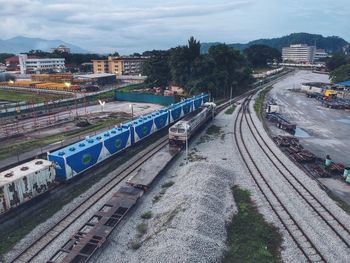 High angle view of train on railway tracks in ipoh cargo terminal