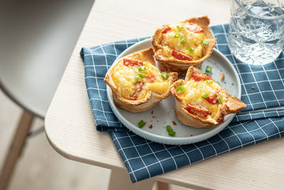 High angle view of breakfast served on table