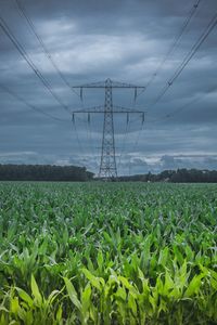 Electricity pylon on field against sky