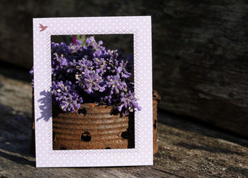 High angle view of purple flowering plants on wooden table