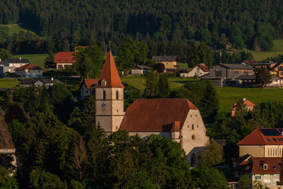 High angle view of buildings in town