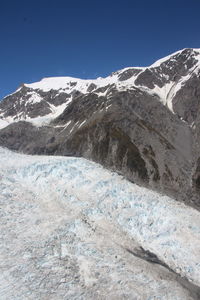 Scenic view of snowcapped mountains against clear blue sky