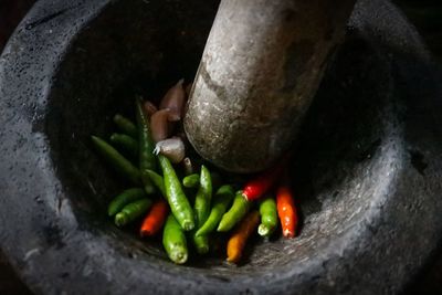High angle view of chili peppers in container