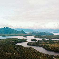Scenic view of lake against sky, tofino beach vancouver island from above