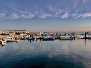 Boats moored at harbor against blue sky