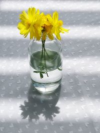 Close-up of yellow flower vase on glass table