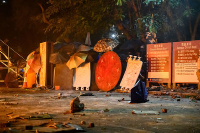 Barricades on road during protest in city at night