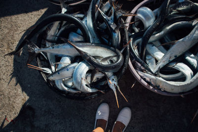 Low section of woman standing by fish for sale at street market