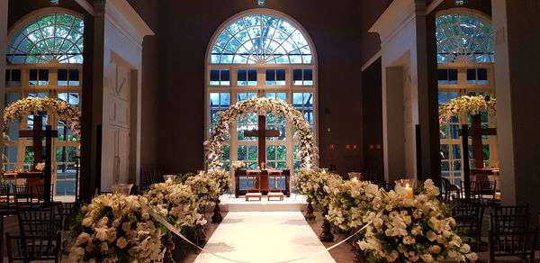 Entrance of historic building seen through glass window