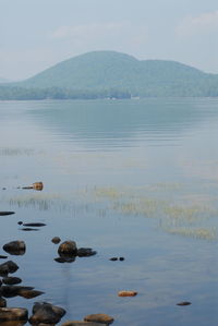 Scenic view of calm lake against sky with reflection