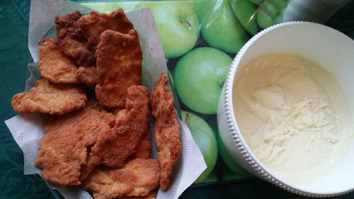 High angle view of bread in bowl on table