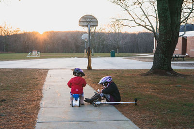 Rear view of men playing with dog in park