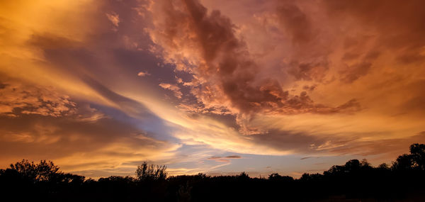 Low angle view of silhouette trees against dramatic sky