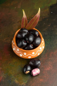 High angle view of fruits in bowl on table