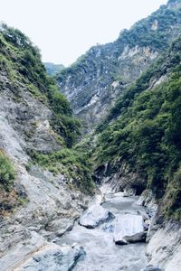 Scenic view of waterfall against mountains