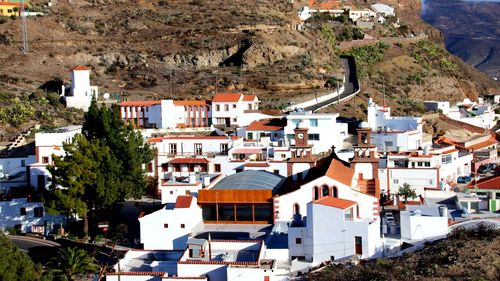 High angle view of houses in town