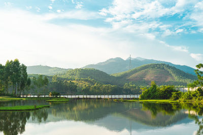 Scenic view of lake and mountains against sky