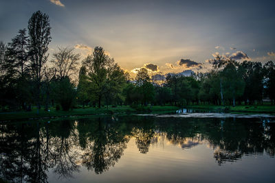 Scenic view of lake against sky at sunset