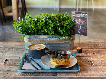 High angle view of potted plants on table with food