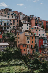 High angle view of residential buildings in city