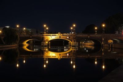 Illuminated moltke bridge over spree river against clear sky at night