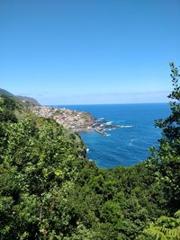 Scenic view of sea against clear blue sky