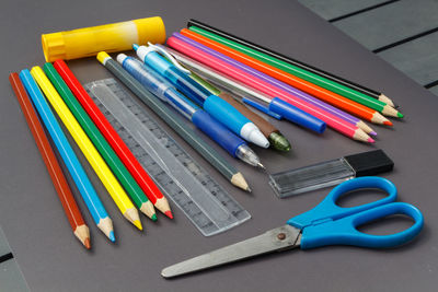 High angle view of colored pencils on table