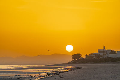 Scenic view of beach against sky during sunset