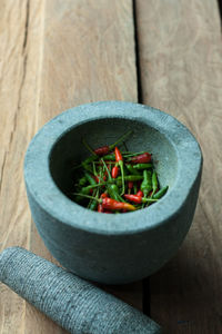 High angle view of vegetables in bowl on table