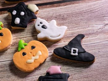 High angle view of cookies on table