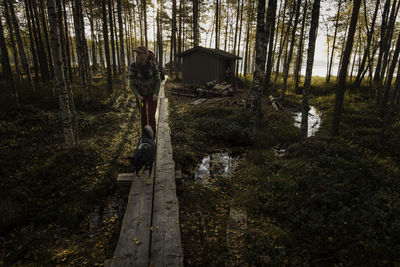 Woman with dog walking on wooden plank in forest