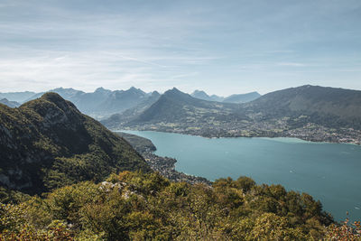 Scenic view of river and mountains against sky