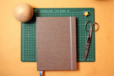 High angle view of books on table