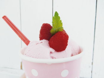 Close-up of ice cream with raspberries