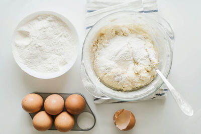 High angle view of eggs in container on table