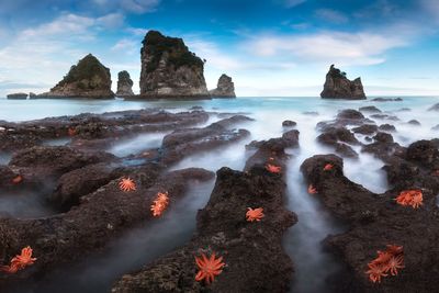 Scenic view of rocks on sea against sky