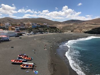 High angle view of beach against sky, black beach, vulcano sand, teneriffa