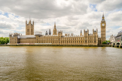 Buildings by river against cloudy sky