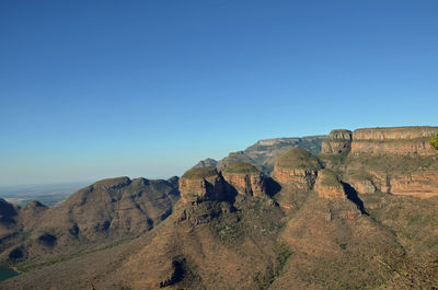 Scenic view of mountain against clear blue sky