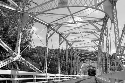 Rear view of man on bridge against sky